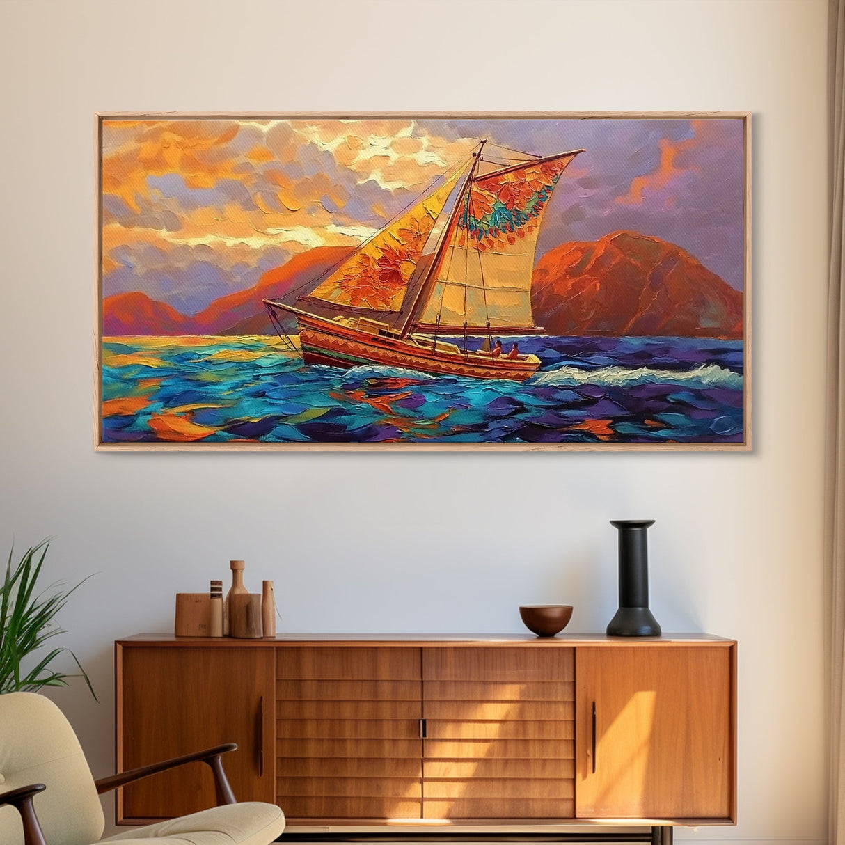 Sailboat Sunset, Ocean, Adventure, Framed Canvas Print Nautical coastal wall art, colorful seascape, bold living room decor
