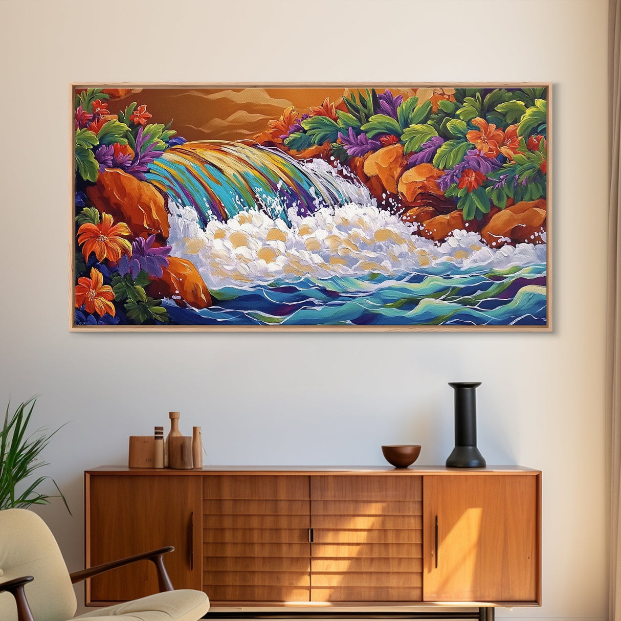 Rainbow, Waterfall, Jungle, Sunset, Framed Canvas Print Tropical boho art, bathroom art, living room decor, floral nature painting