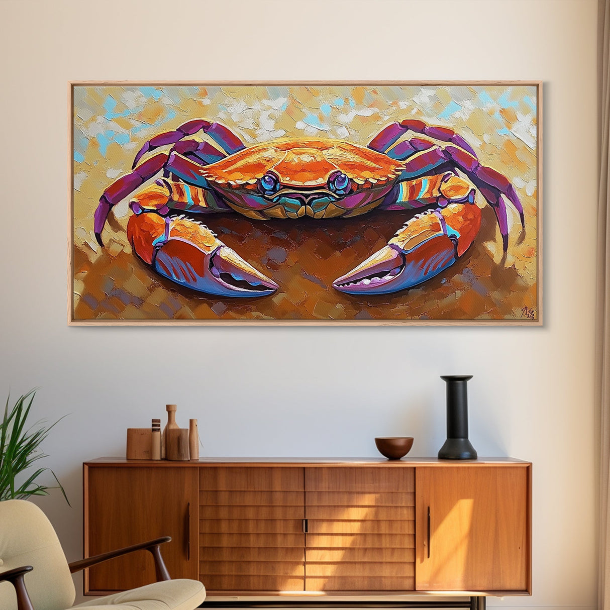 Crab Beach, Bold, Colorful, Coastal Sea Life Framed Canvas Print, Bathroom Wall Art, Nautical Art, Beach House Decor, Ocean Art