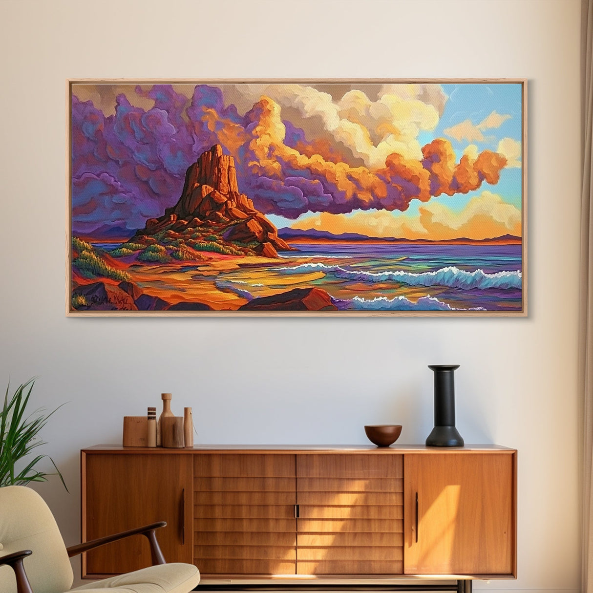 Sunset Clouds, Ocean, Cliffs, Framed Canvas Print, dramatic seascape art, Southwestern home decor, moody living room wall art