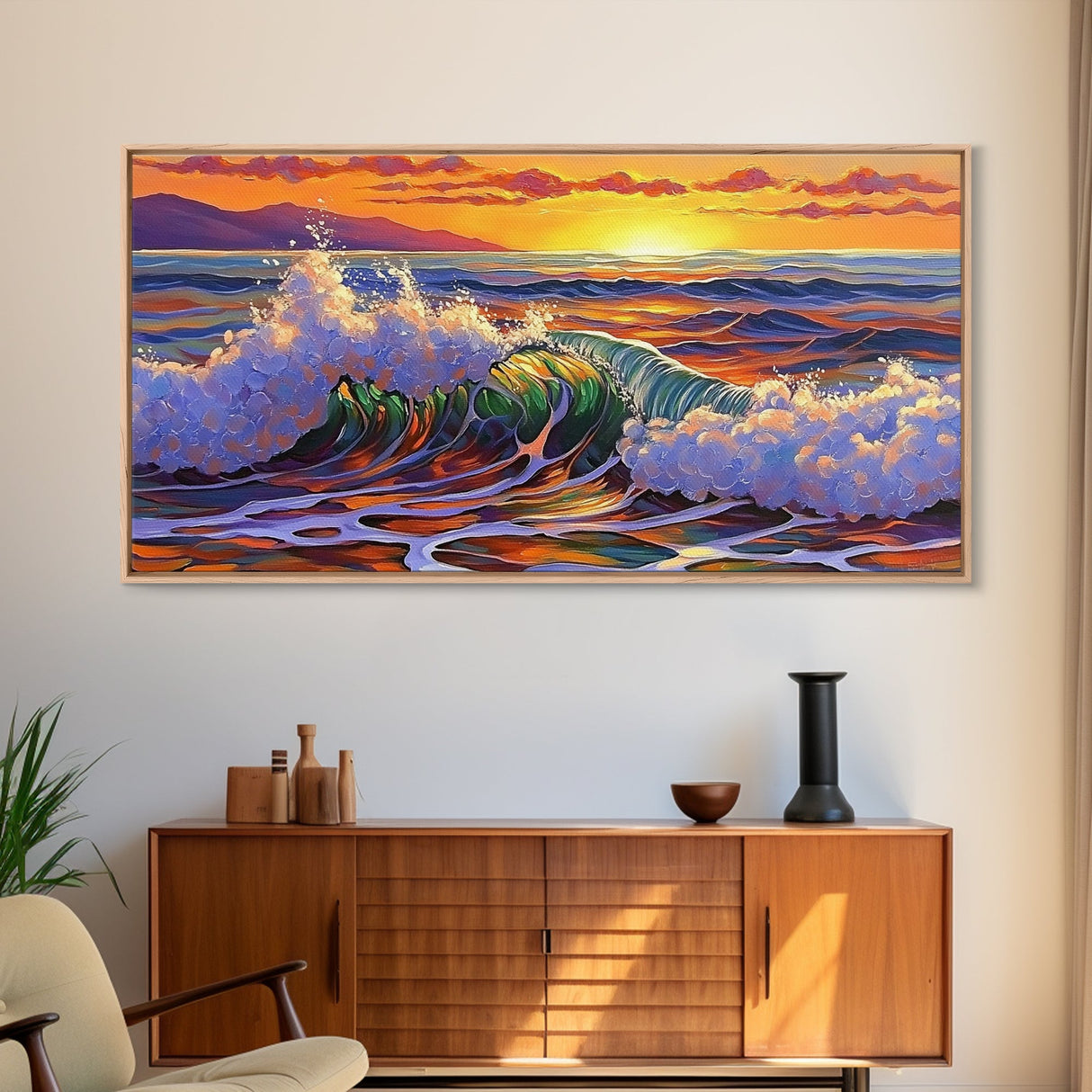 Wave Ocean, Sunset, Surf, Framed Canvas Print, tropical wave wall decor, surf boho art, vibrant beach bathroom or office wall art
