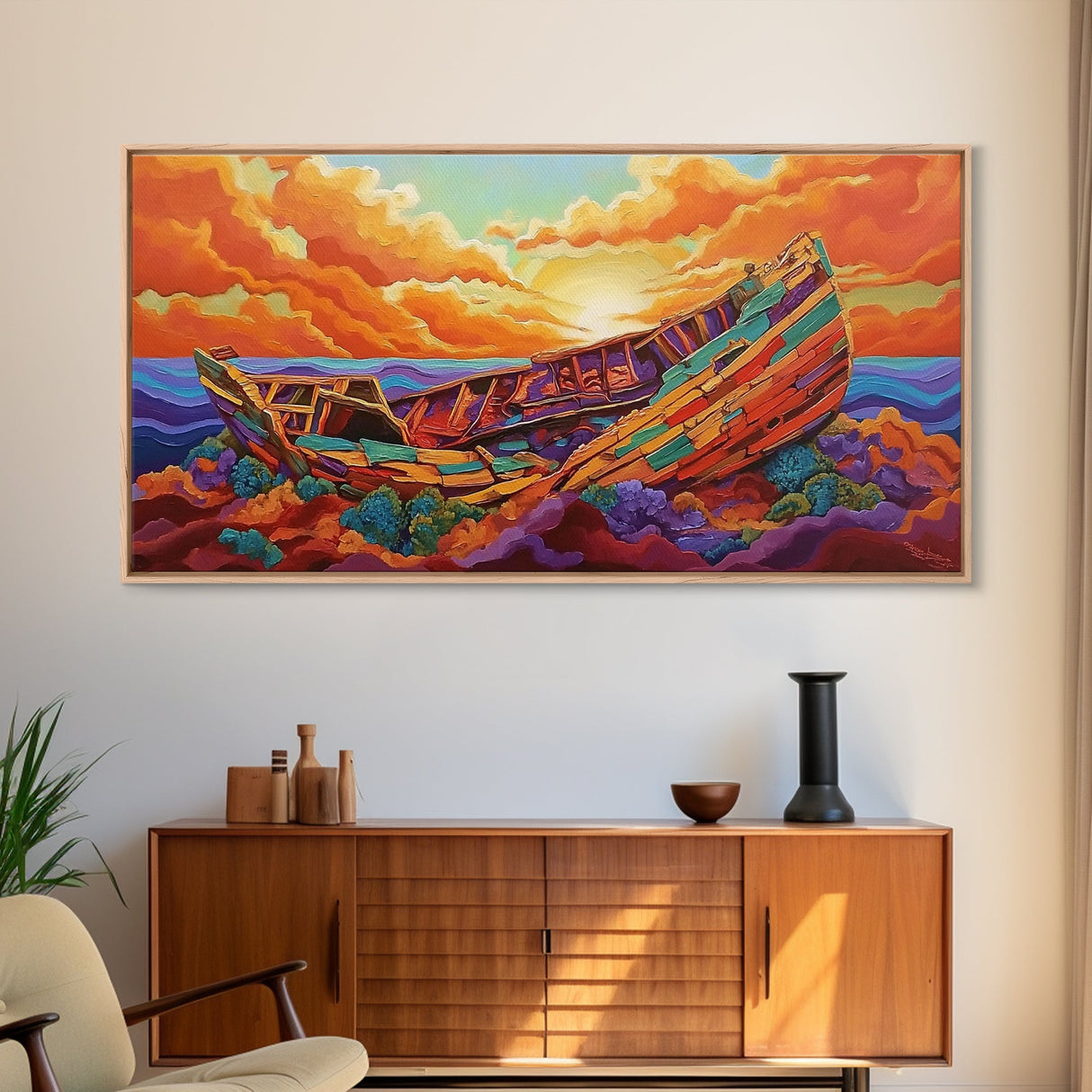 Shipwreck Sunset, Sea, Rustic, Framed Canvas Print, nautical fall coastal decor, beach cabin art, rustic ocean themed living room art