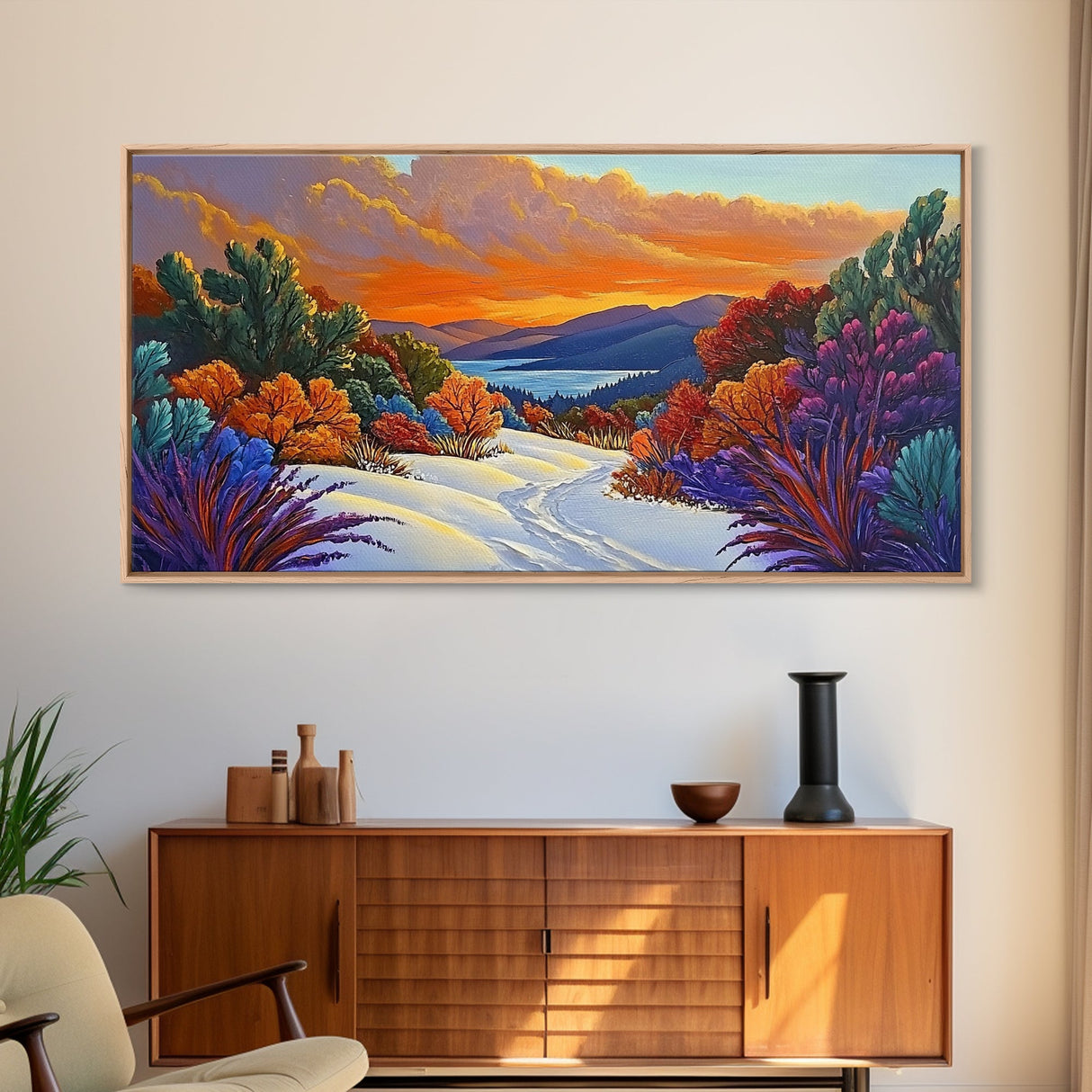 Winter Sunset, Lake, Trees, Framed Canvas Print, Autumn cabin wall art, colorful landscape living room decor, mountain snow painting