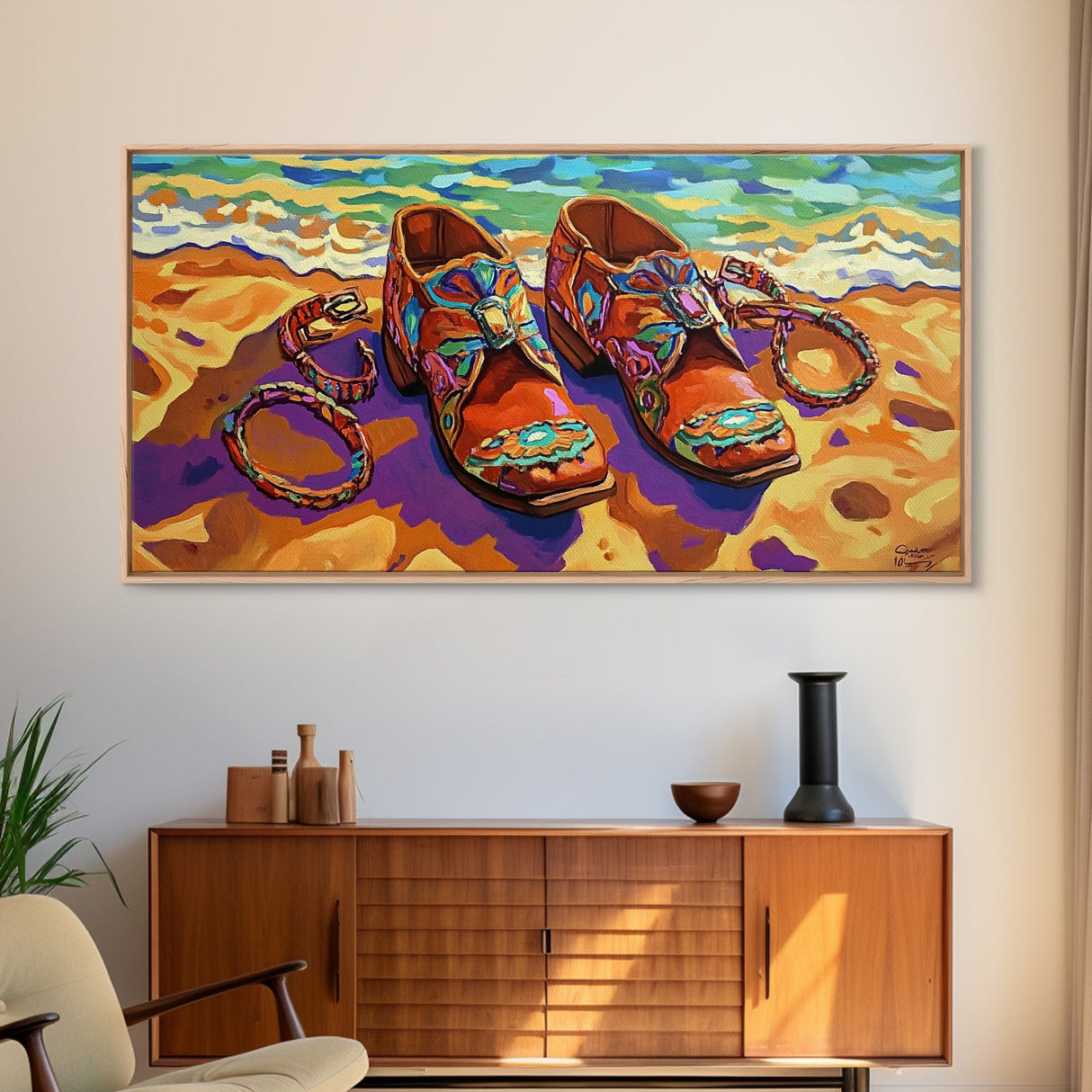 Shoes Beach, Jewelry, Colorful, Framed Canvas Print, southwest fashion art, boutique style, walk-in closet art, fashion studio wall art