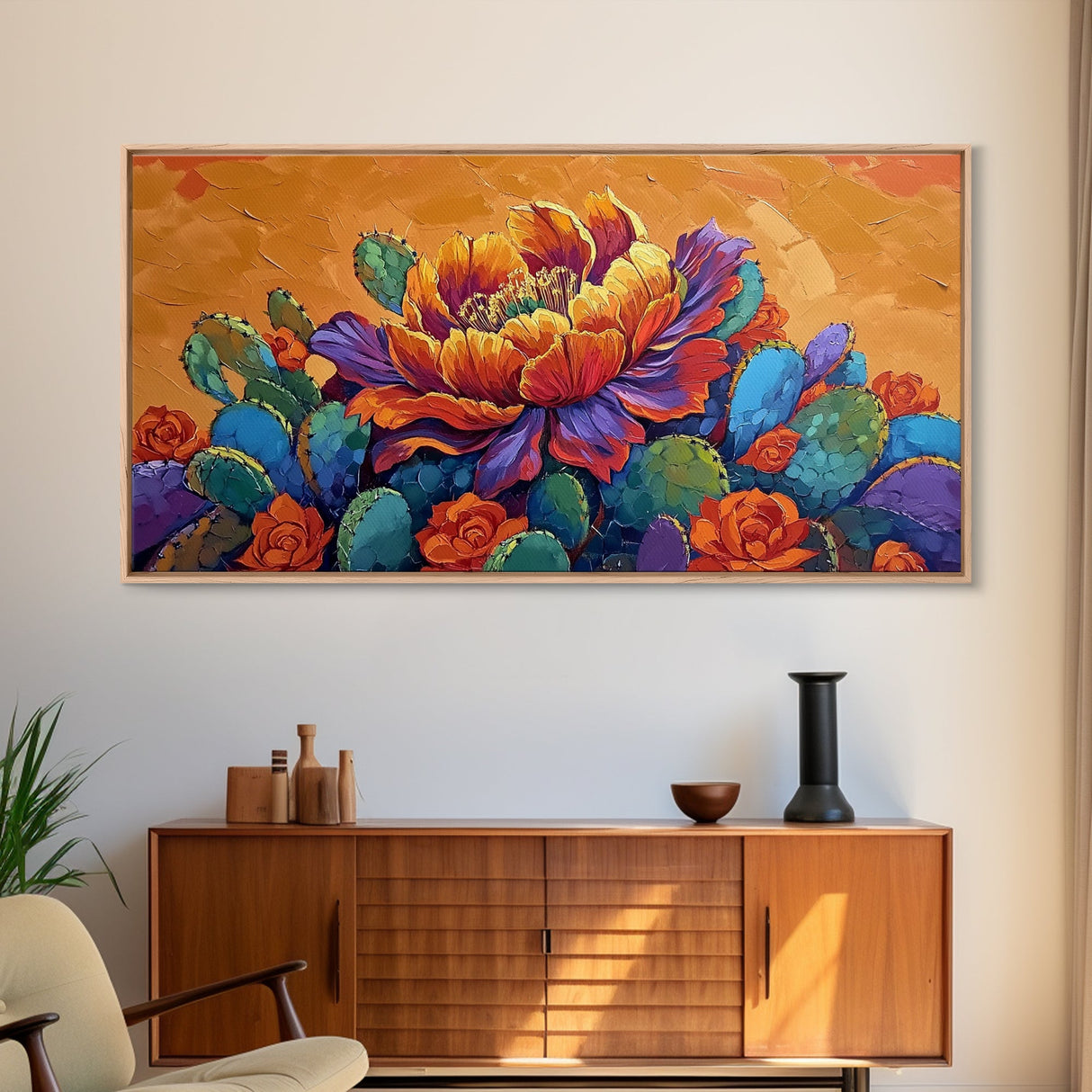 Cactus Bloom, Bold, Flowers, Blooming Cactus Flower Framed Canvas Print, Colorful Botanical Wall Art, Kitchen Boho Decor, Desert Art