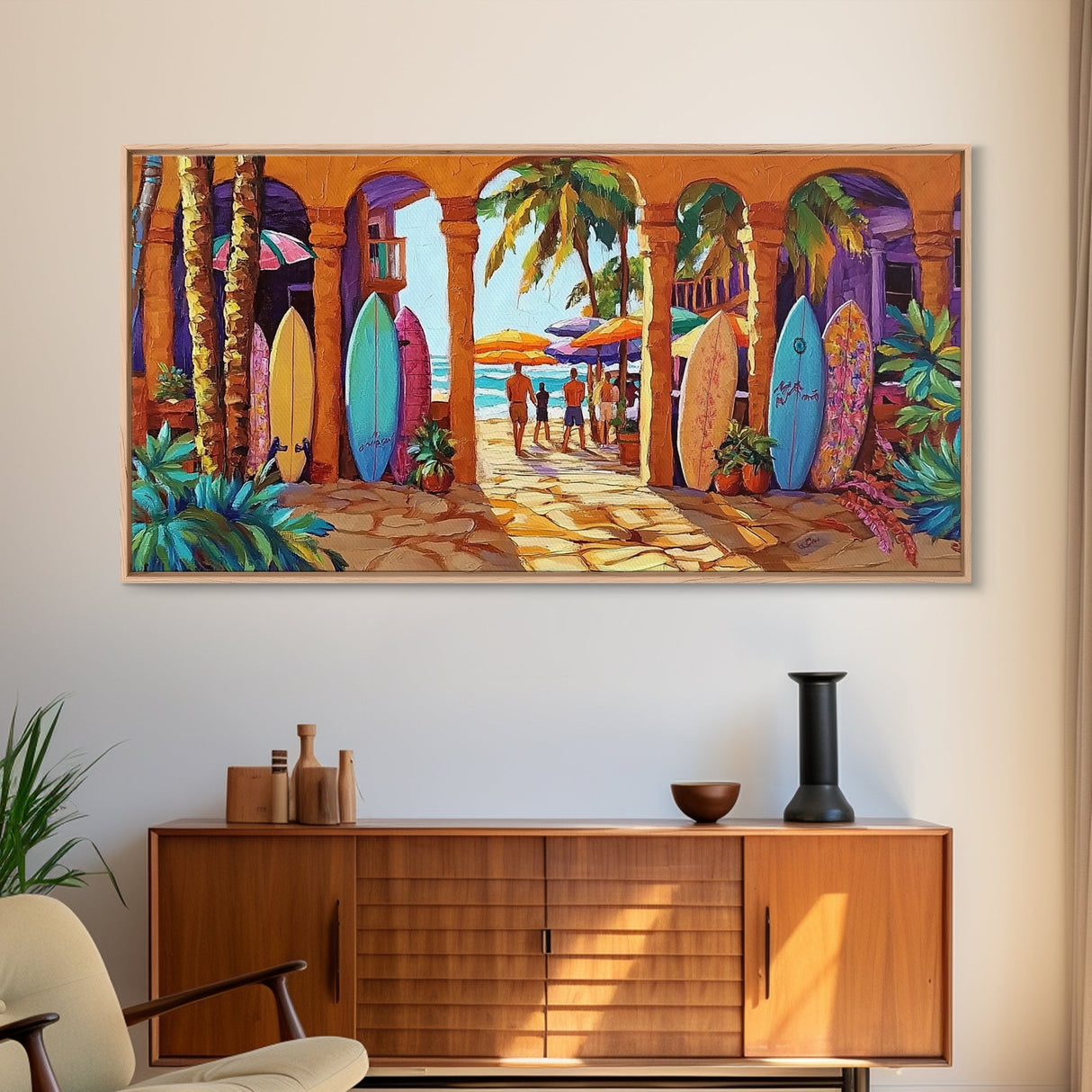 Surfboards Beach, Tropical, Colorful Life, Framed Canvas Print, Coastal Art, Entryway Wall Decor, Surf Shack Vibes, Tropical Summer