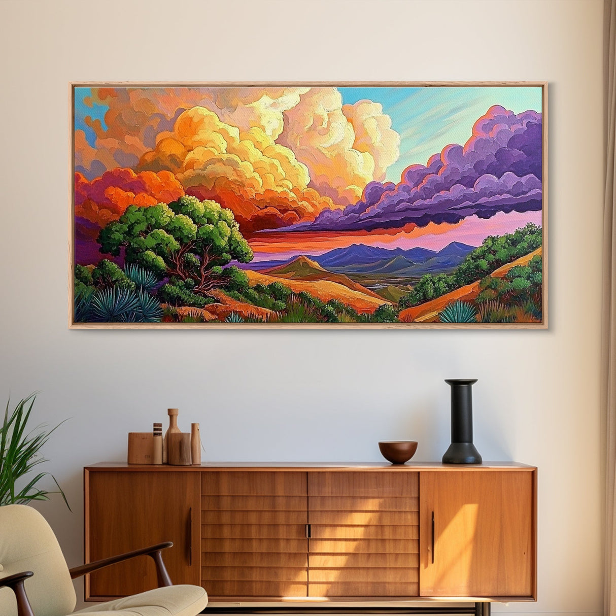 Desert Mountains, Sky, Sunset Clouds, Framed Canvas Print, Colorful Landscape Art, Office Wall Decor, Western Scenery, Autumn Vibes