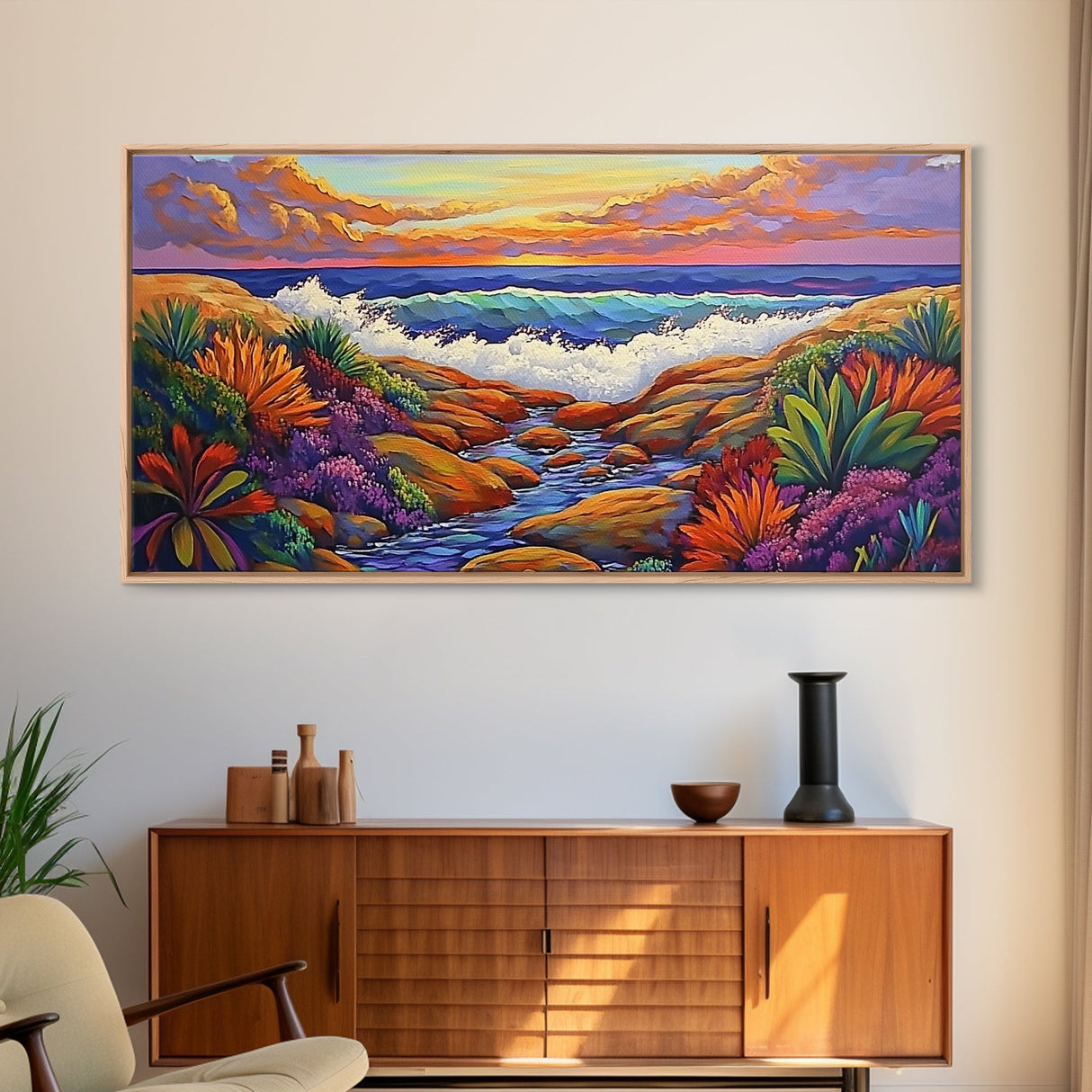 Sunset Ocean, Garden, View, Framed Canvas Print, coastal sunset wall art, tropical flowers, beach décor, boho landscape, living room