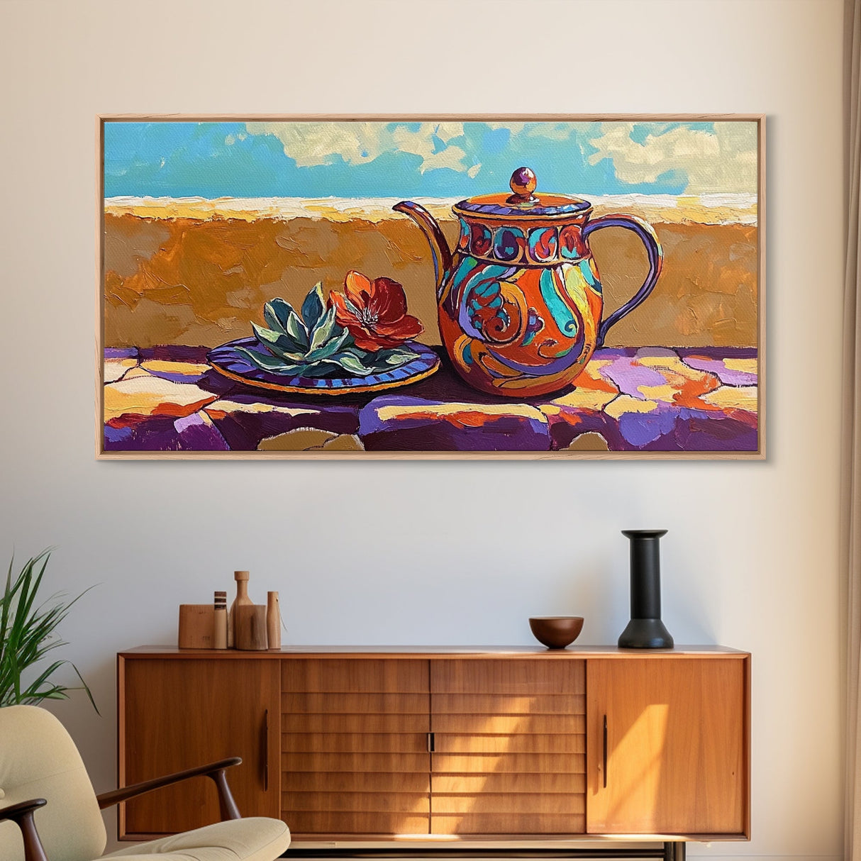 Teapot Patio, Desert, Ceramic, Framed Canvas Print, bold desert teapot art, colorful Mexican pottery, sunny outdoor patio wall art