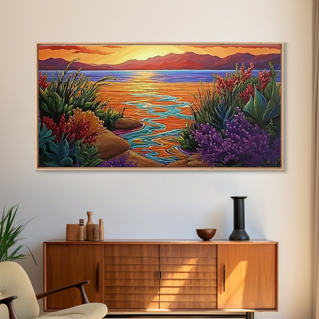 Sunset, Ocean Flowers, Nature Wall Art, vibrant landscape Canvas Print, tropical sunset décor, colorful coastal living room wall art