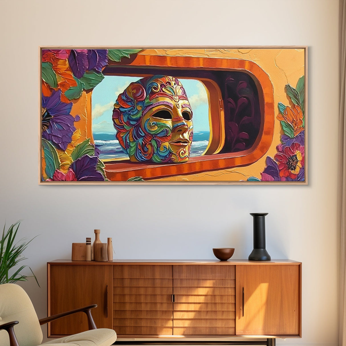 Mask, Window, Flowers, Coastal, Vibrant mask ocean view, Framed Canvas Print, Fiesta Art, Colorful Mexican Decor, Dining Room Wall Art