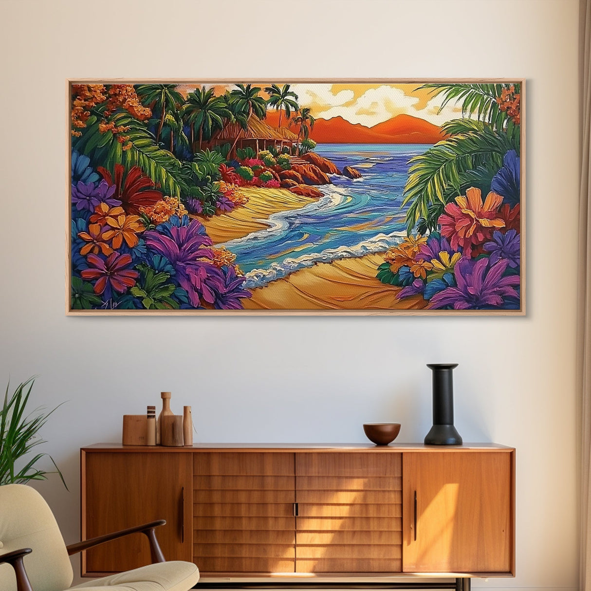 Tropical, Beach, Sunset, Palm, Vibrant tropical beach art, Canvas Print, Island Paradise Decor, Vacation Vibes, Living Room Art