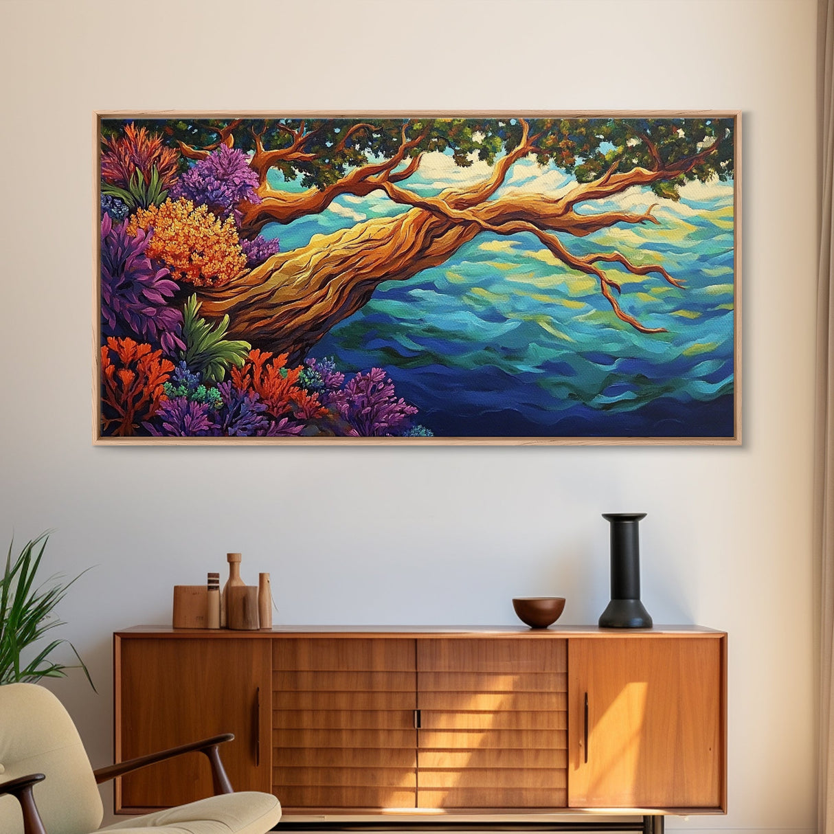 Tree, Ocean, Cliffside, Wildflowers, Framed Canvas Print, Vibrant ocean view, coastal tree decor, autumn style living room wall art