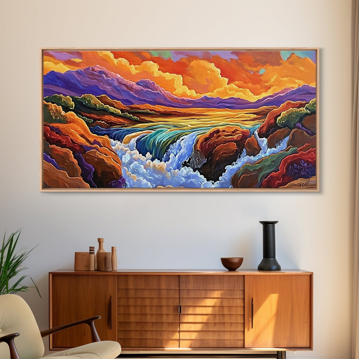 Sunset, Waterfall, Mountains, Autumn, Framed Canvas Print, Mountain sunset wall decor, autumn river art, rustic boho living room art