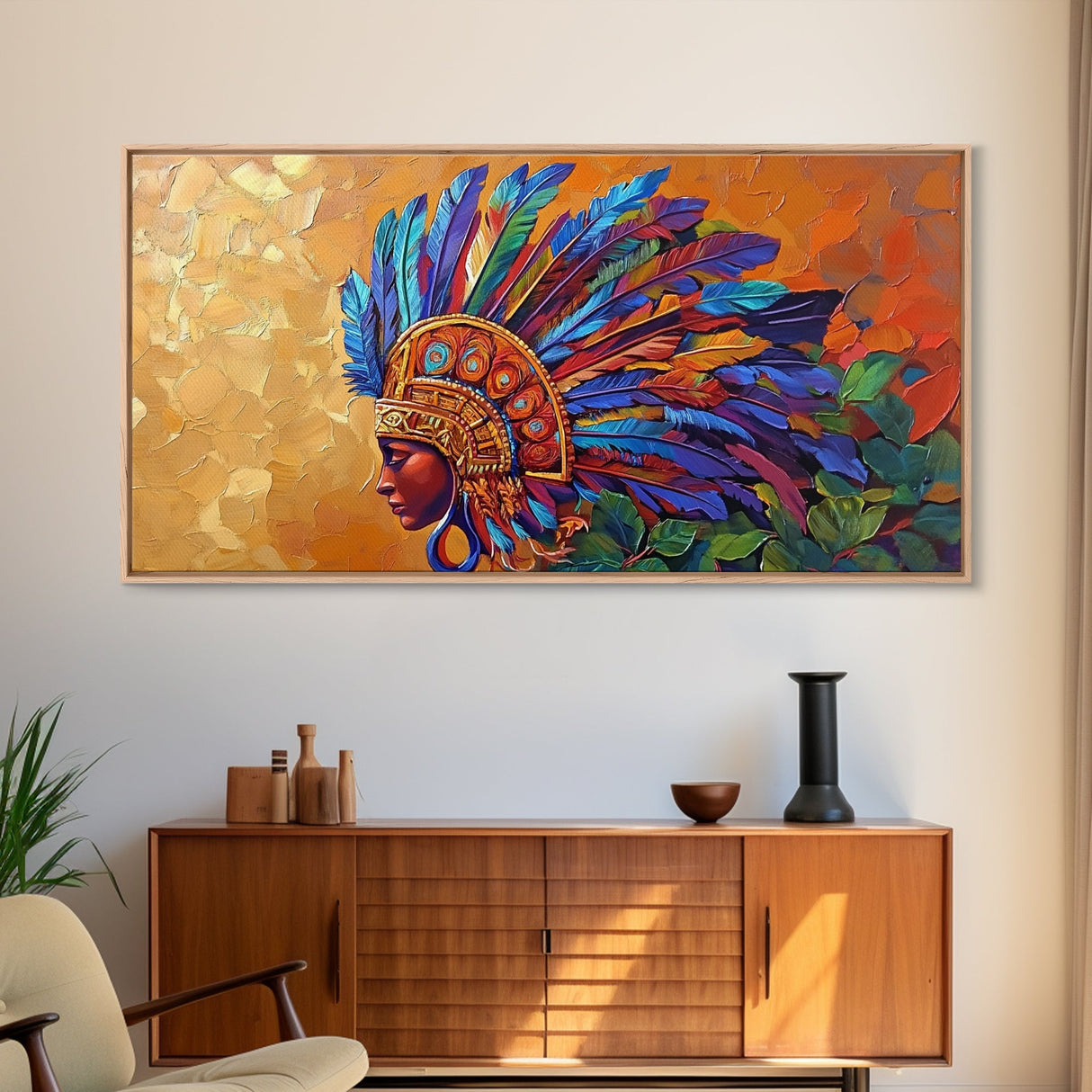 Aztec Warrior, Headpiece, Art, Framed Canvas Print, Indigenous feather headdress wall decor, bold bohemian accent, office statement