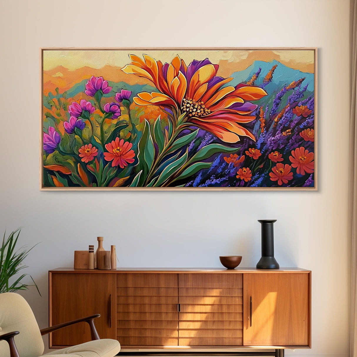 Flower Sunrise, Field, Vibrant, Canvas Print boho floral bedroom wall art, wildflower sunrise nature decor, garden field artwork