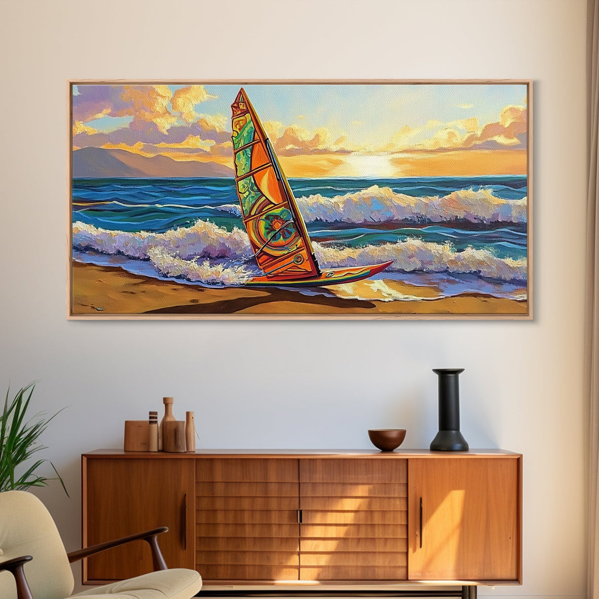 Windsurf Sunset, Beach Scene, Canvas Print, colorful surfboard at sea painting, coastal adventure, Bedroom Wall Art, surfer boho art