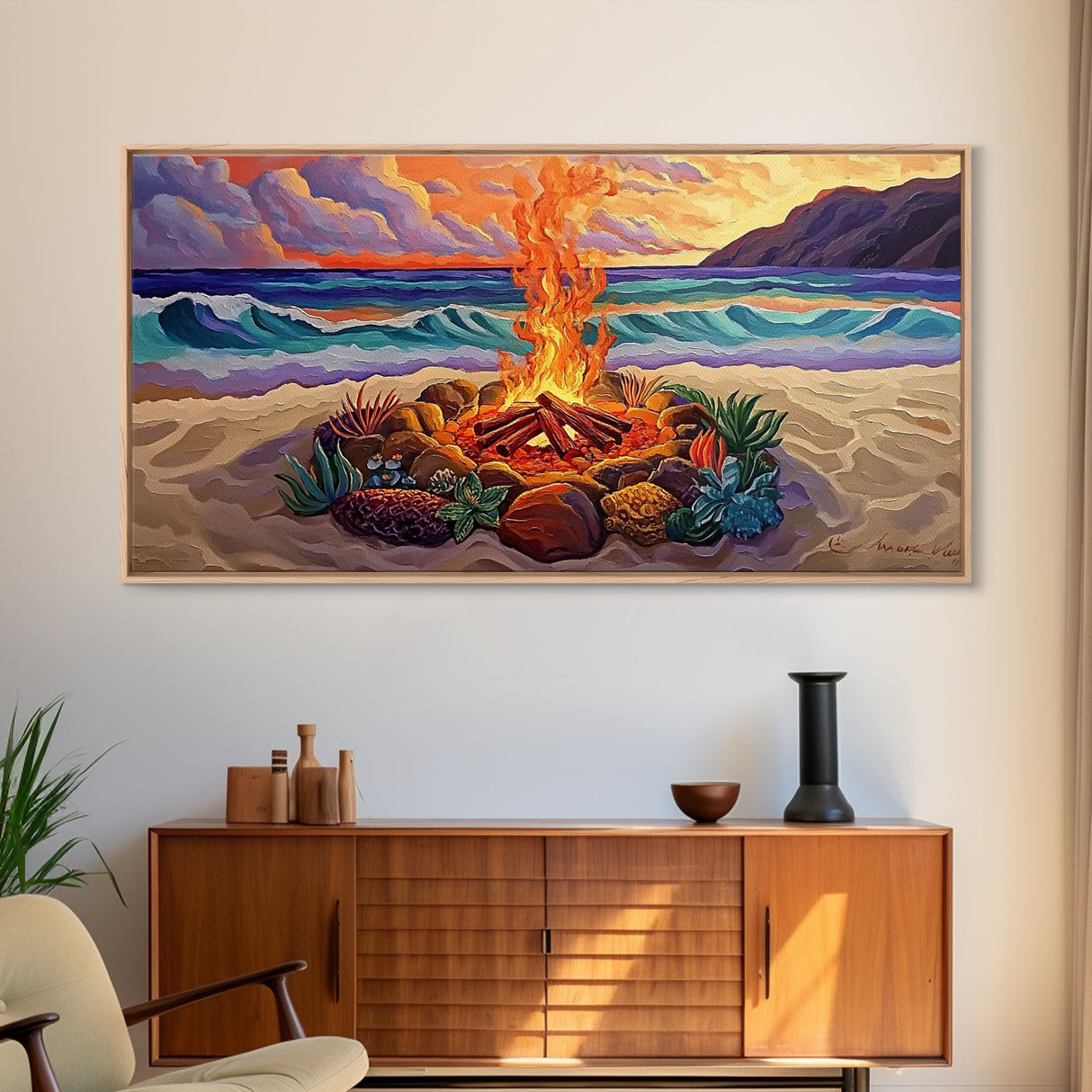 Beach Campfire, Sunset, Tropical Vibes, island evening Canvas Print, fall boho decor, colorful beach firepit living room wall art