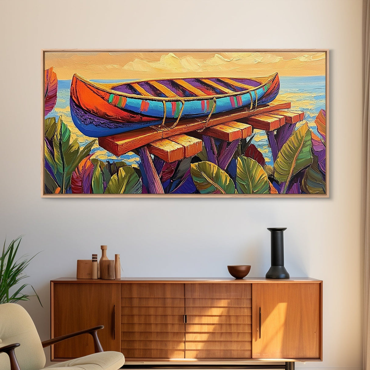 Canoe Dock, Ocean, Bold Palette, vibrant tropical Canvas Print, nautical boho art, playful beach house wall decor, summer vibes