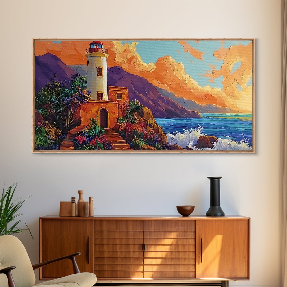 Lighthouse Ocean, Sunset, Cliff, Coastal lighthouse Canvas Print, living room seascape painting, nautical wall decor, sunset vibes art