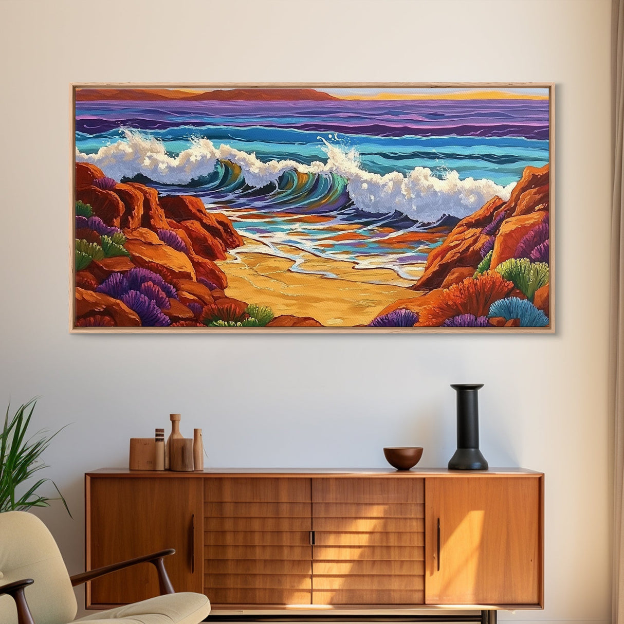 Surf Shoreline, Rocks, Sunset, Vibrant coastal Canvas Print, wave crashing beach art, living room ocean scene, colorful boho seascape