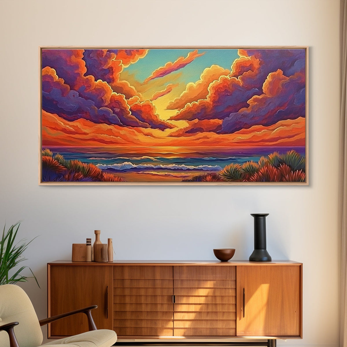 Sunset Ocean, Sky, Framed Canvas Print, Vibrant sunset ocean wall decor, clouds seascape painting, Living Room Wall Art, boho art