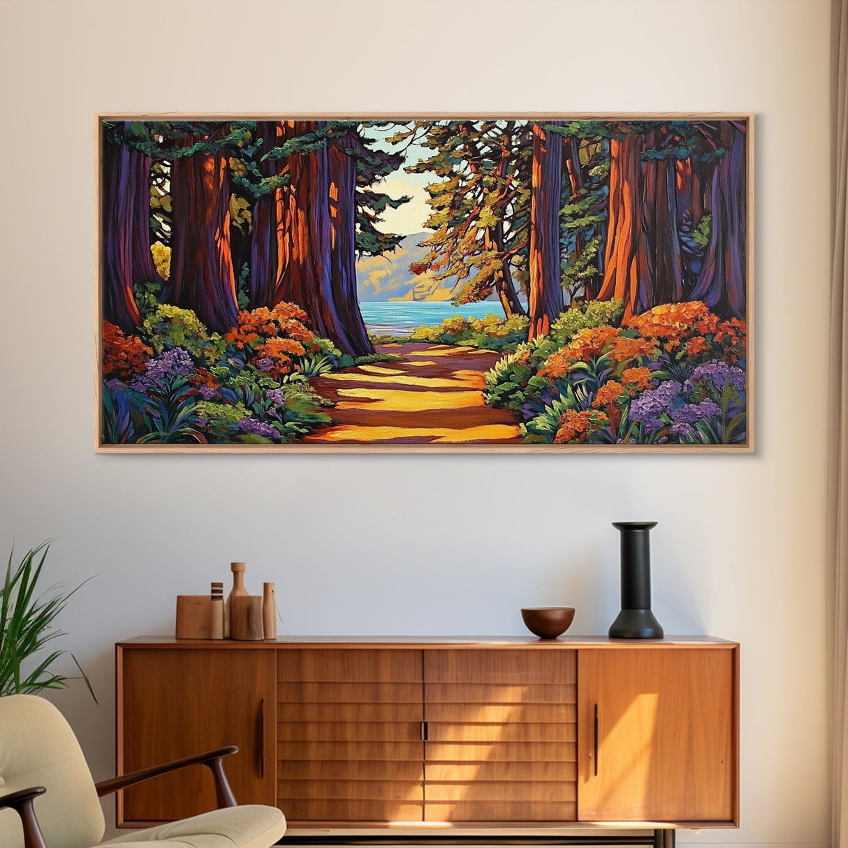 Forest Path, Ocean, Framed Canvas Print, Redwood forest trail to ocean scene, Nature inspired art, Rustic Living Room Wall Art
