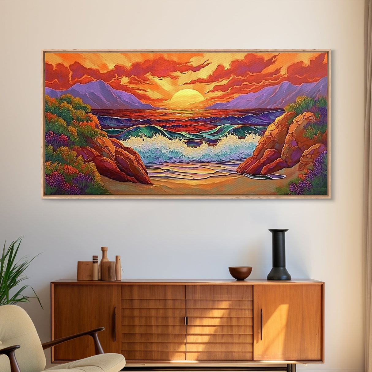 Sunset Waves, Rocks, Framed Canvas Print, Vibrant ocean sunset, crashing waves cliffs painting, Coastal Decor, Beach House Wall Art