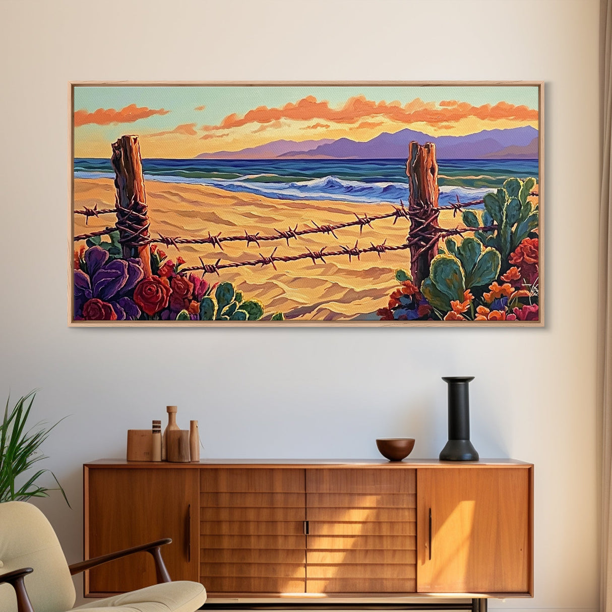 Beach Cactus, Fence, Framed Canvas Print, Vibrant Desert Beach Landscape, Colorful Boho Western Decor, Southwestern Living Room Art