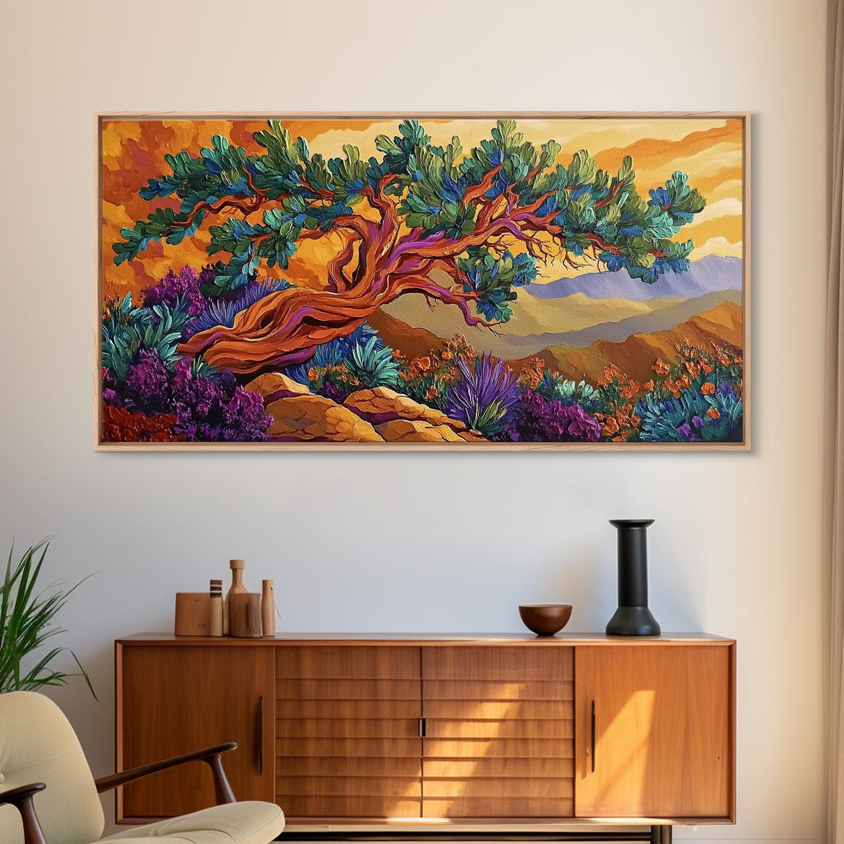 Tree Mountains, Sunset, Windswept, Canvas Print, expressive twisted pine painting, rustic boho decor, nature art, fall wall piece