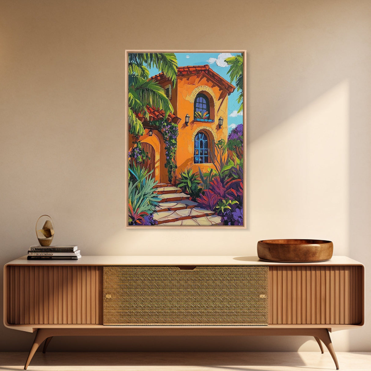 Tropical Villa, Sunset, Vibes, Framed Canvas Print, Mediterranean wall art, boho home decor, warm palette, Kitchen or Living Room