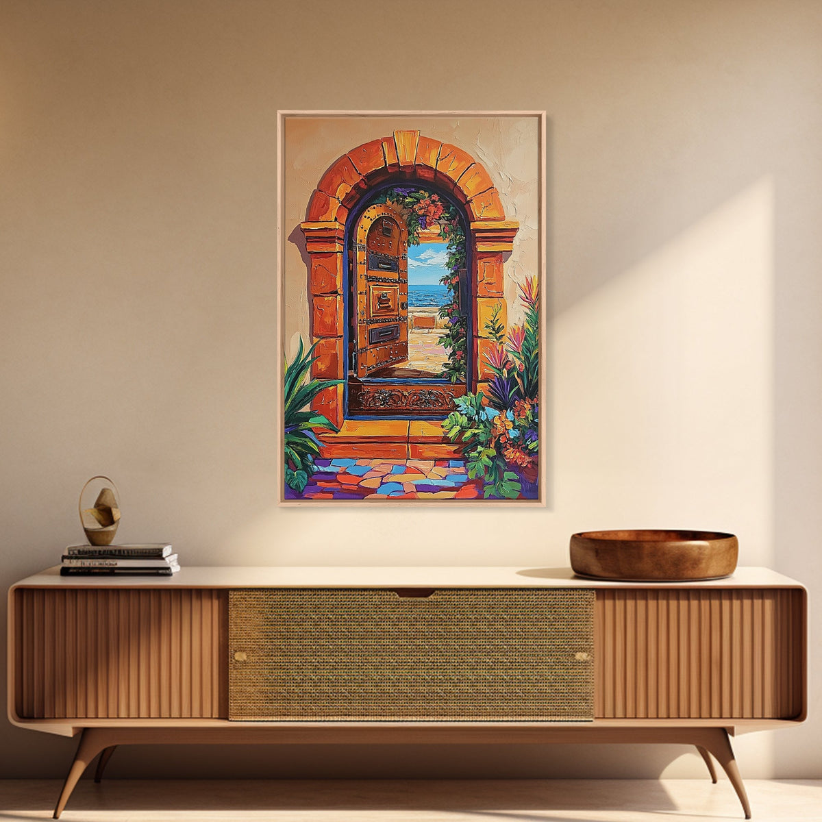 Doorway Ocean, View, Escape, Framed Canvas Print, Mediterranean coastal decor, boho travel wall art, vibrant entryway art, hallway decor