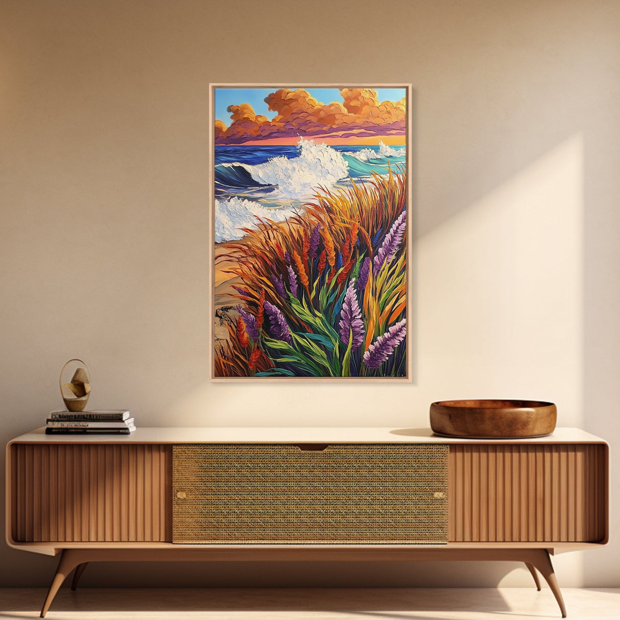 Waves Cliff, Paradise, Splash, Framed Canvas Print, Tropical beach wall art, ocean wave painting, coastal home décor, island vibes