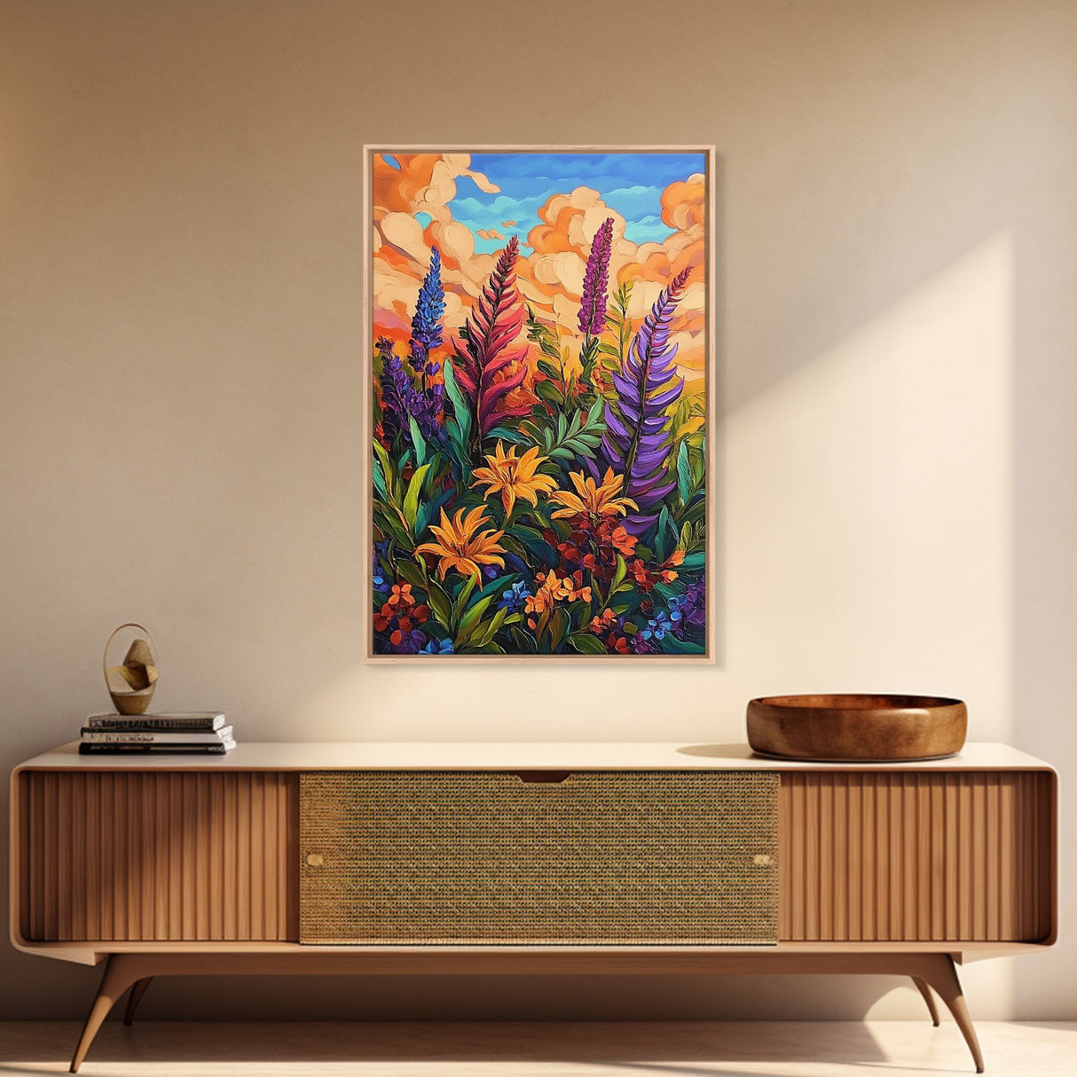 Vibrant Autumn, Blooms, Landscape, Framed Canvas Print, Bright Wildflower Artwork, Living Room Wall Art, Colorful Fall Floral Boho Painting