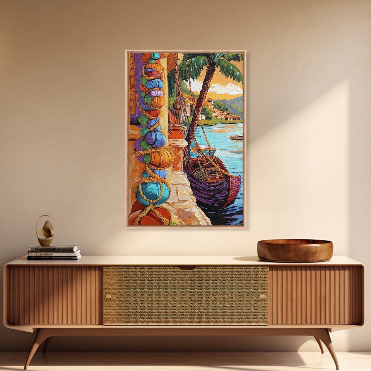 Tropical Boat, Village, Shoreline, Canvas Print, Coastal Wall Art, Vibrant Travel Scene, Boho Seaside Decor, Beach House Painting
