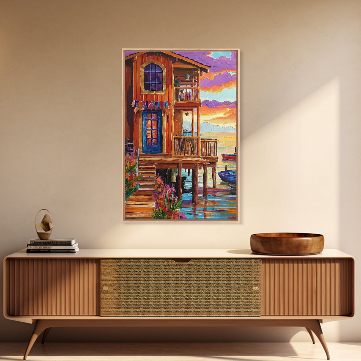 Tropical Sunset, House, Dock, Framed Canvas Print vibrant coastal house wall art, beach wall decor, sunset painting, tropical room decor