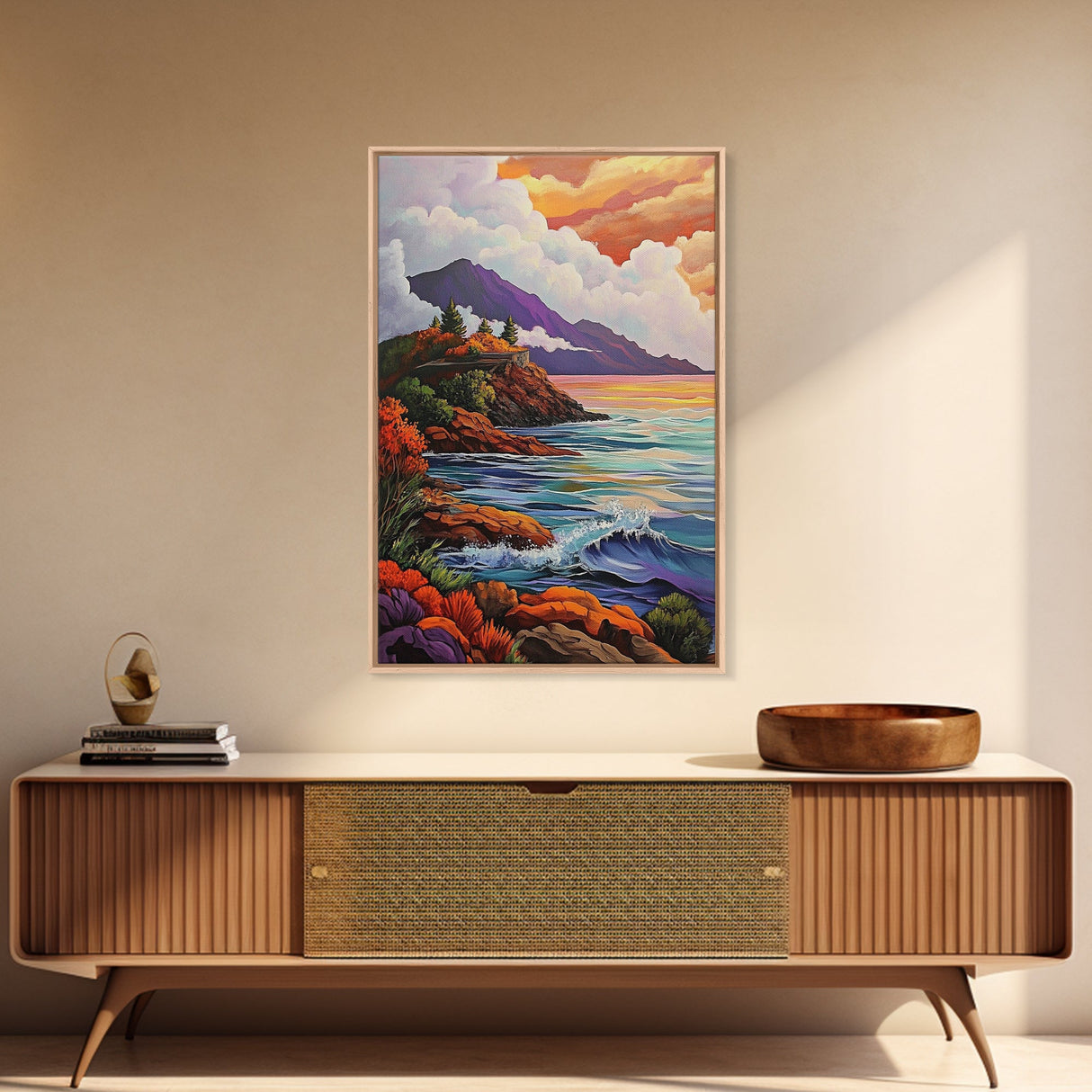Cliffs Waves, Mountains, Autumn, Framed Canvas Print, coastal cliffs wall art, crashing waves painting, Autumn landscape, living room decor