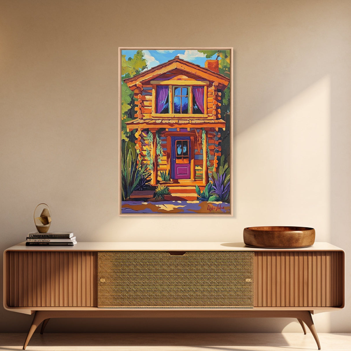 Cabin Cozy, Rustic, Nature, Framed Canvas Print log cabin wall art, autumn home decor, rustic living room print, woodland boho wall decor