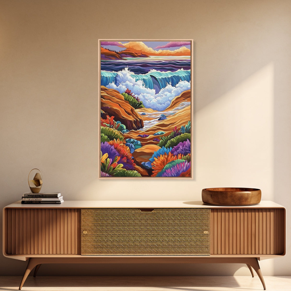 Ocean Rocks, Colorful, Framed Canvas Print, Coastal Sunset Wall Art, Bold Ocean Waves Decor, Living Room Statement Piece, Nature Art Print