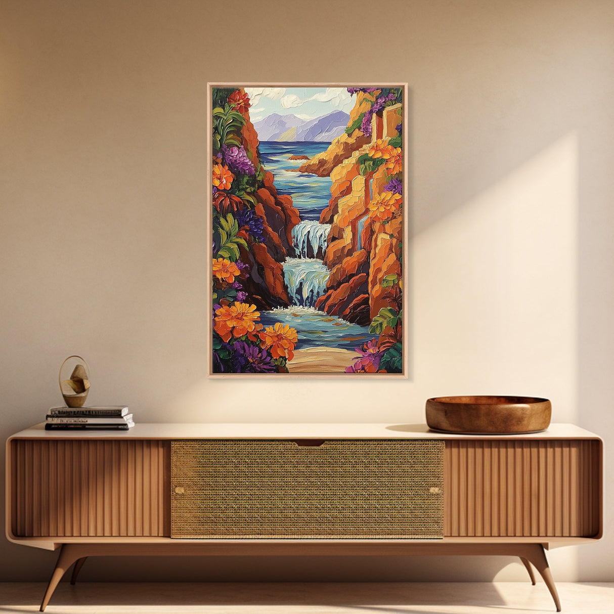 Waterfall Cliffs, Ocean, Framed Canvas Print, Tropical Canyon Wall Art, Colorful Nature Inspired Decor, Bathroom art, Entryway Wall Art