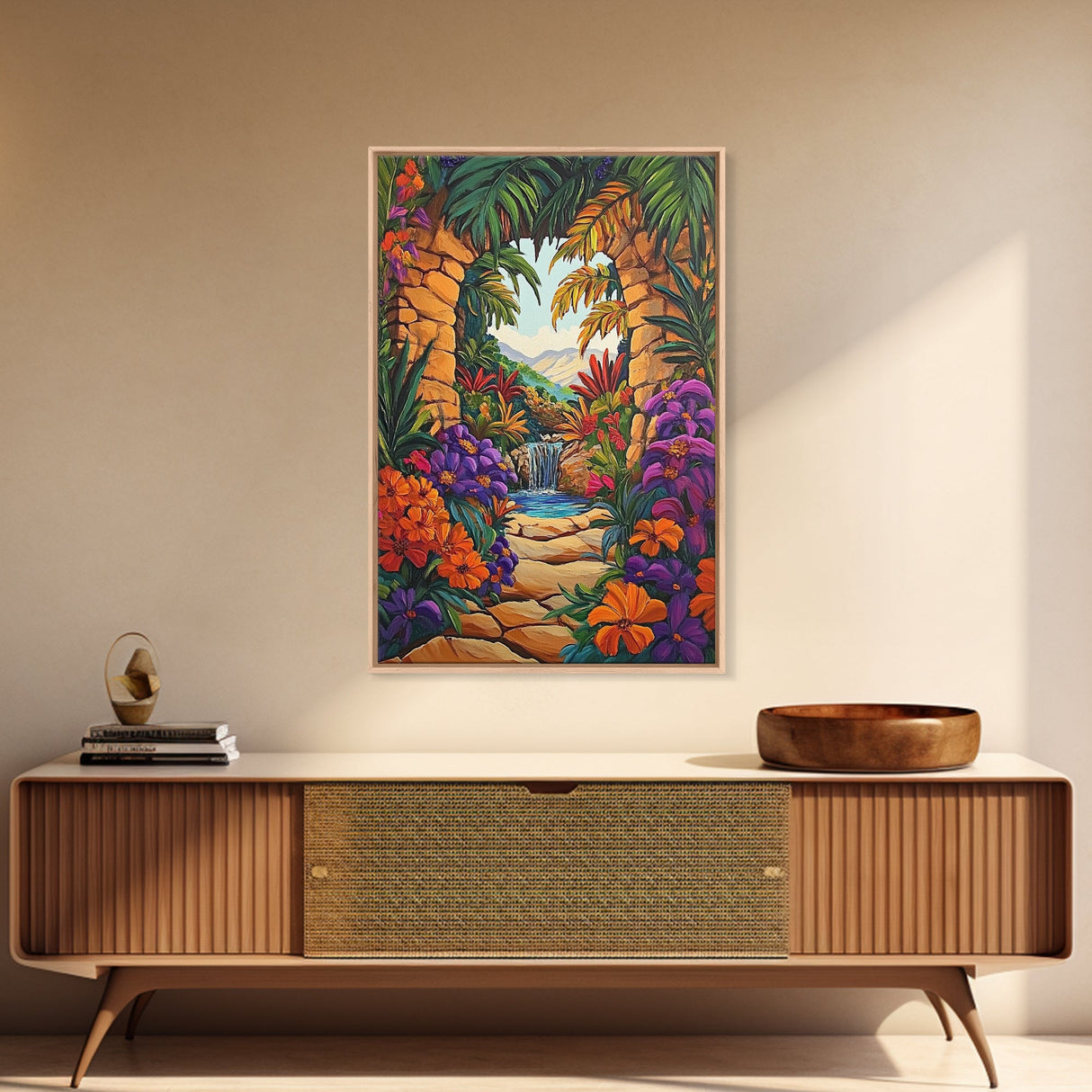 Archway Jungle, Waterfall, Framed Canvas Print, Exotic Tropical Wall Art, Bold Jungle Landscape Decor, Entryway art, Bathroom Wall Art