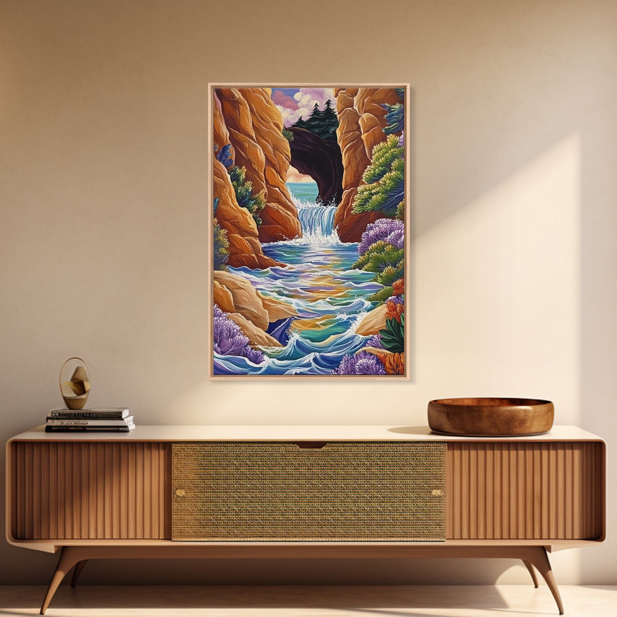 Waterfall Arch, Canyon, Coastal, Framed Canvas Print dramatic coastal waterfall painting, colorful canyon ocean view, nature boho decor
