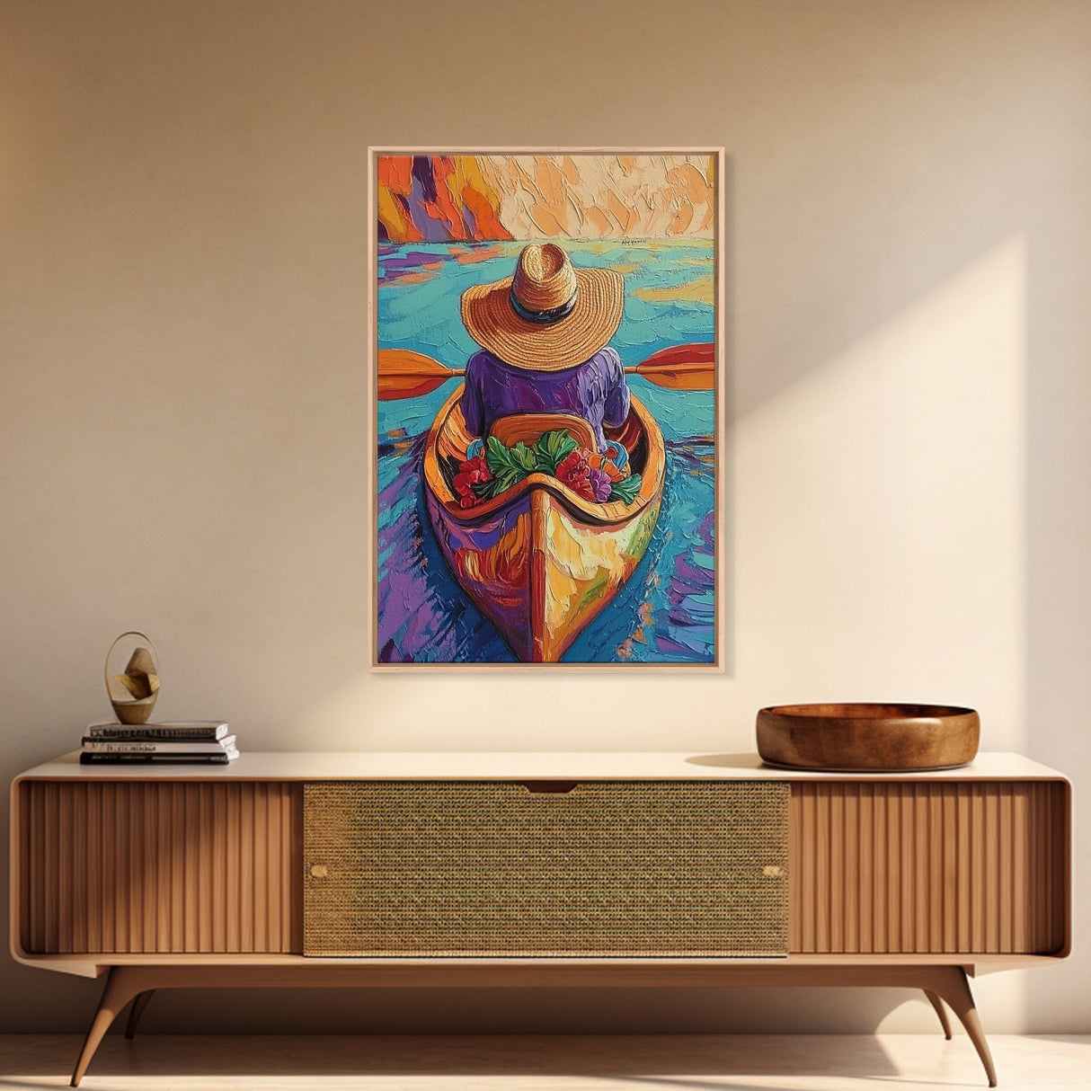 Hat River, Canoe, Bright Framed Canvas Print, Relaxing Boho Wall Art, Colorful Nature Lover Gift, Unique Summer Travel Vibes