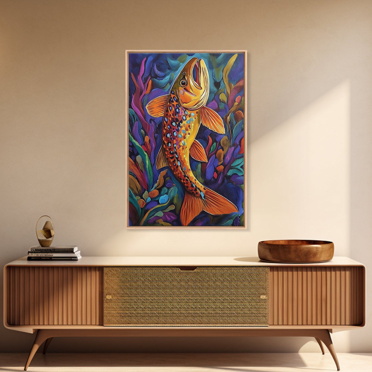 Trout Fish, Underwater, Nature, Framed Canvas Print, fishing cabin decor, wildlife art, nature lover gift, colorful lake house wall art