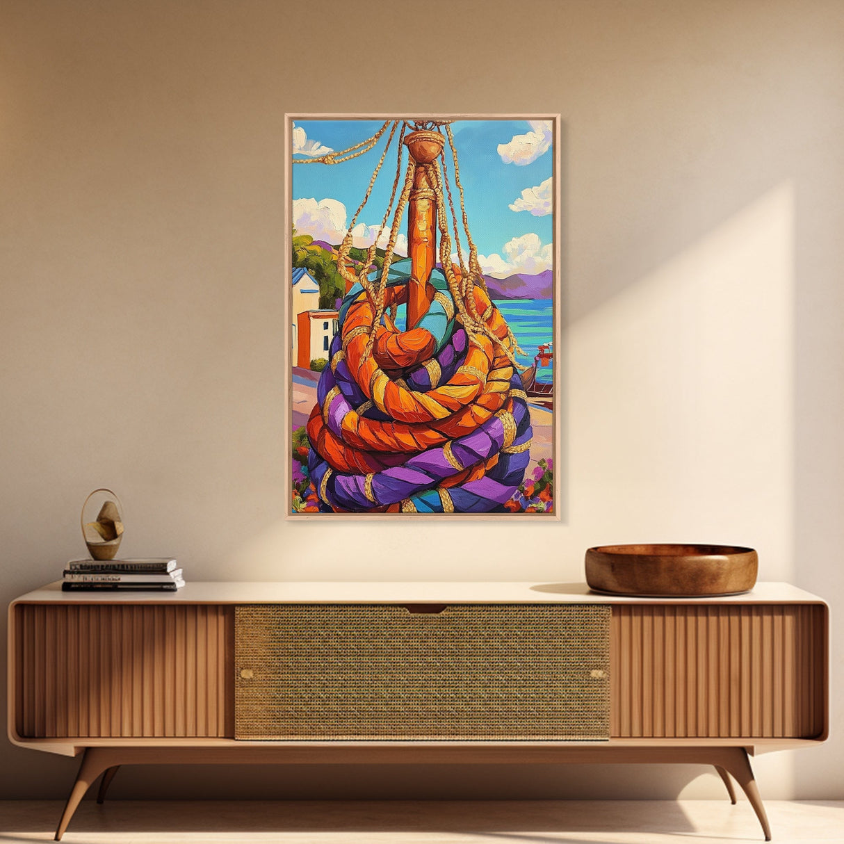 Nautical Rope, Dock, Summer, Framed Canvas Print, Nautical Rope Wall Art, Summer Decor, Bright Harbor Painting, Beach House Wall Accent