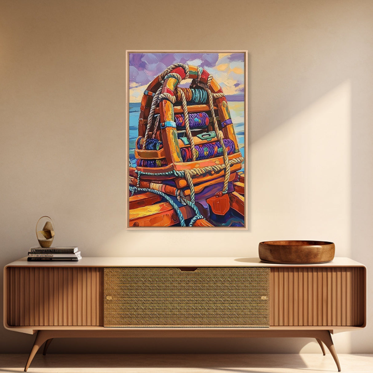 Rope Dock Sunset, Nautical, Framed Canvas Print, Nautical Rope Dockside Art, Sunset Painting, Coastal Seaside Wall Decor, Living Room Decor