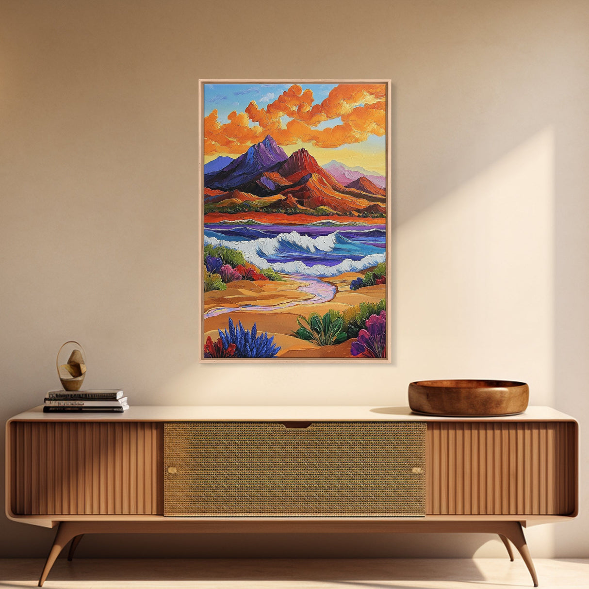 Mountain Coast, Sunset, Bold Desert Landscape Painting, Nature Adventure Art, Office Wall Decor, Framed Canvas Print