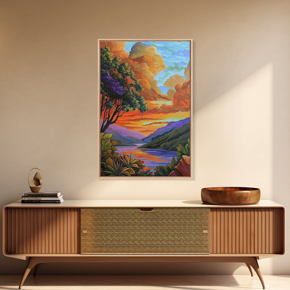 Sunset Lake, Tree, Vivid Nature Framed Canvas Print, Autumn Scenic Wall Art, Bedroom Fall Landscape Decor, Impressionist Style