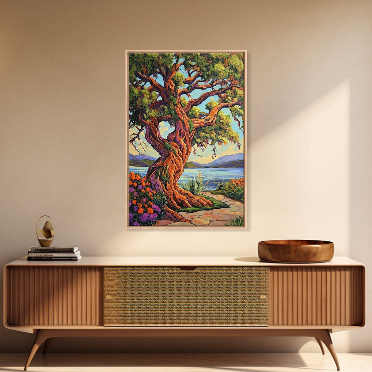 Majestic Tree, Lakeside, Sunset Canvas Print, Nature Lover’s Wall Art, Cabin Living Room Decor, Whimsical Landscape Painting