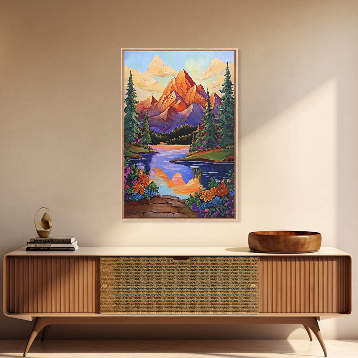 Mountain Sunset, Floral, Lakeview Framed Canvas Print, Bold Nature Landscape, Entryway Autumn Art, Vibrant Boho Wall Decor